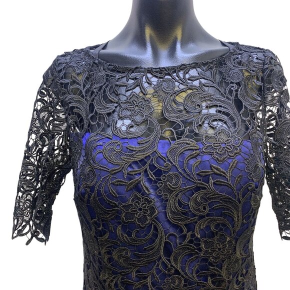 Laundry By Shelli Segal Black Lace Overlay Dress With Blue Underlay,  Size 6 - Picture 4 of 9